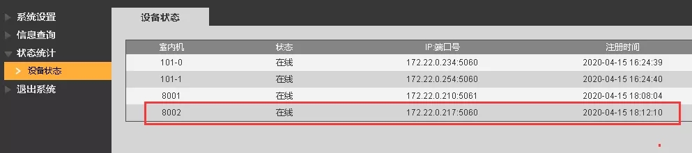 “狀態(tài)統(tǒng)計(jì)——設(shè)備狀態(tài)”查看“8002”是否在線